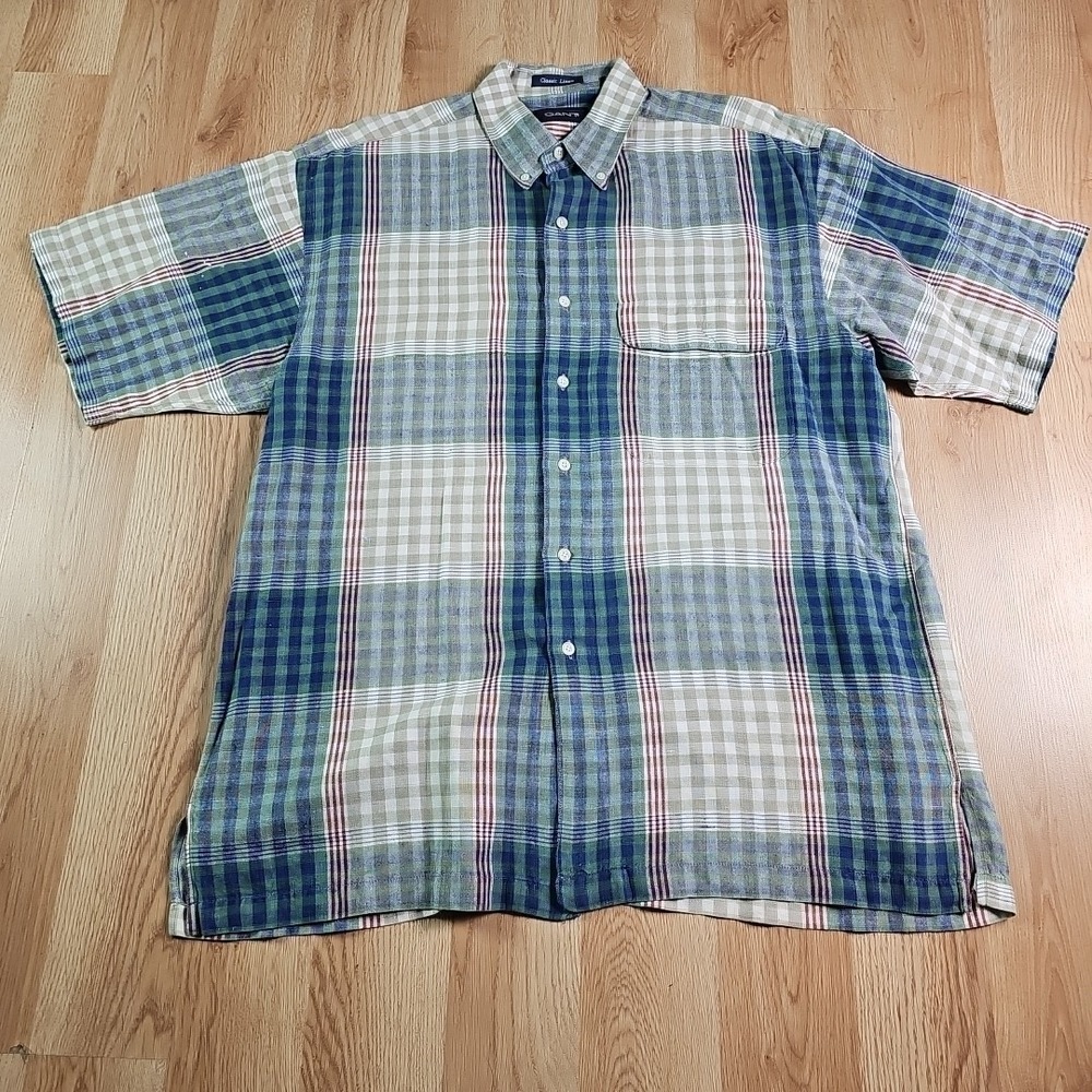 Gant Button Down Shirt Mens L Blue Green Plaid Linen Blend Short Sleeve Pocket